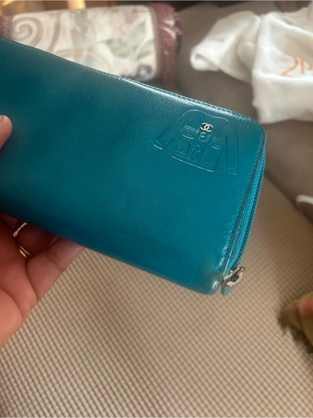 CHANEL Embossed Jacket Goatskin Zip Wallet Turquoise Blue